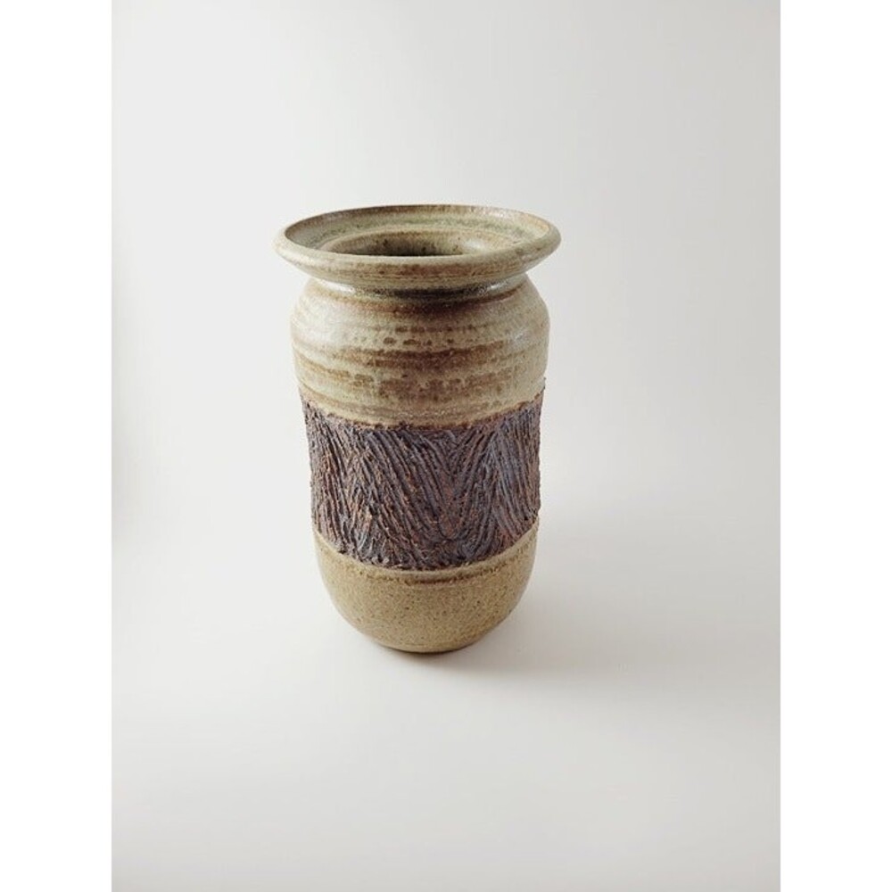 Vintage Blue and Brown Earthenware Stoneware Vase, Textured Copper Accents